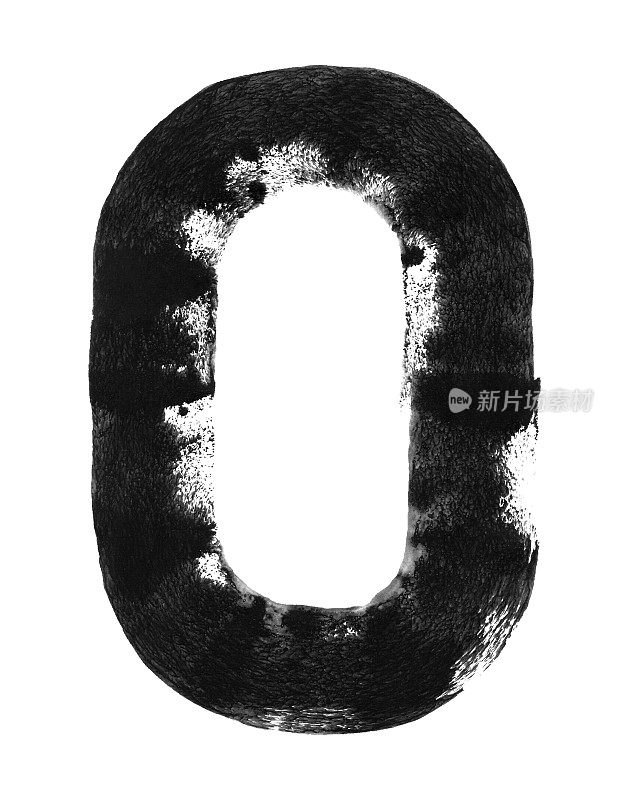 数字0和大写字母O -手画黑色油漆和海绵状滚轮插图矢量隔离在白色水彩纸背景-一个长圆形线与自然纹理印和许多缺陷